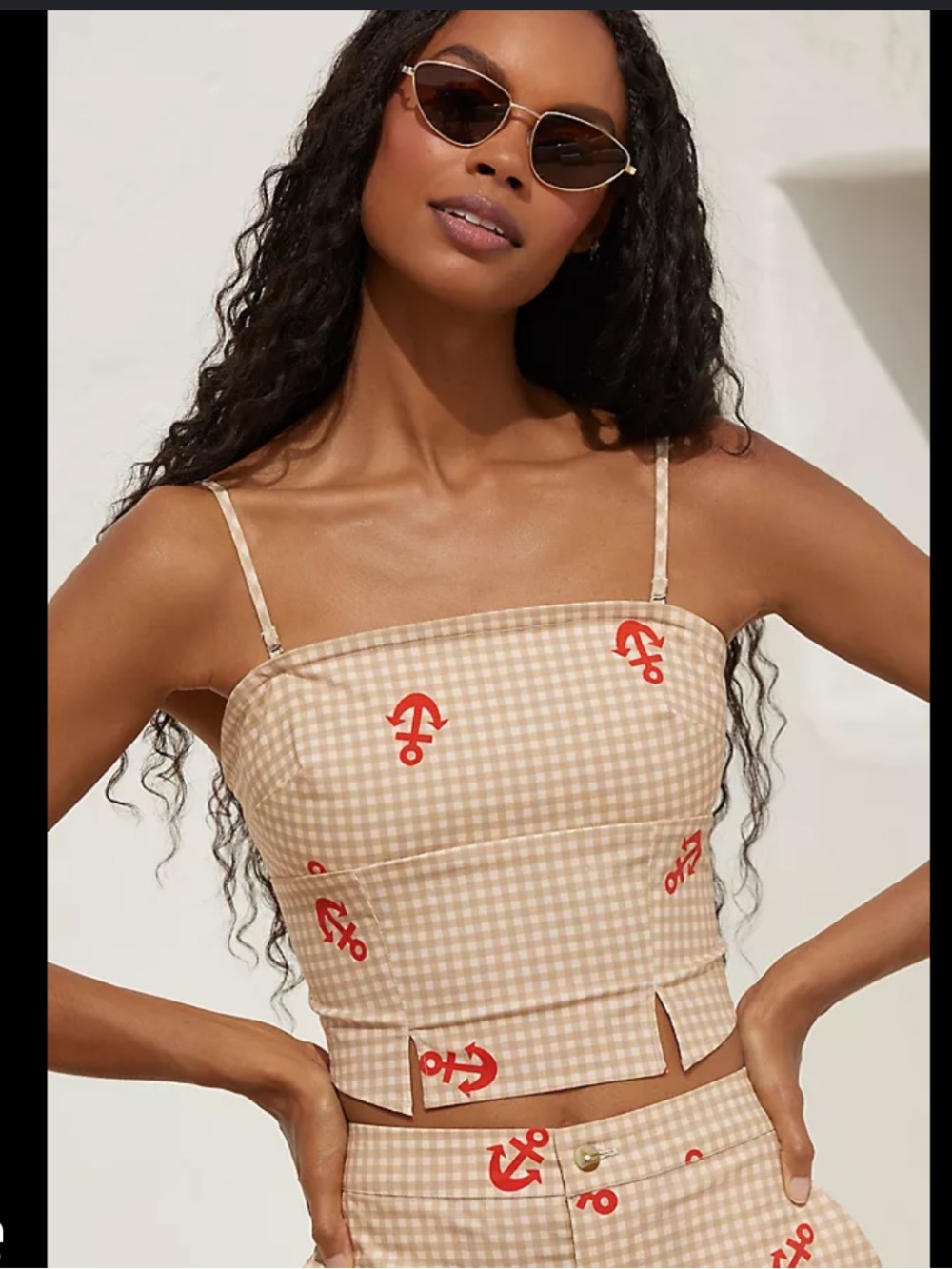 Anthropologie Beige Gingham Cami with Red Anchor Print